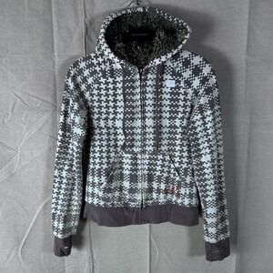 Roxy Vintage Y2K Pixel Houndstooth Sherpa Lined Full Zip Hoodie Grey White Small